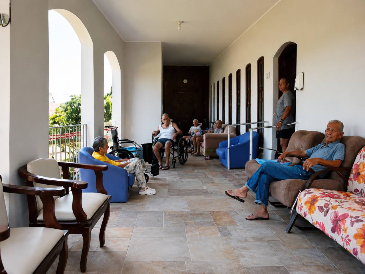 Moradores reunidos na varanda de convivência