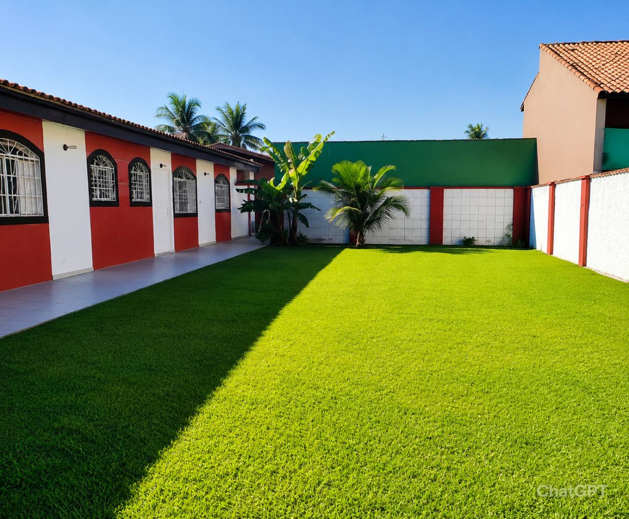 Amplo jardim ensolarado da casa de repouso